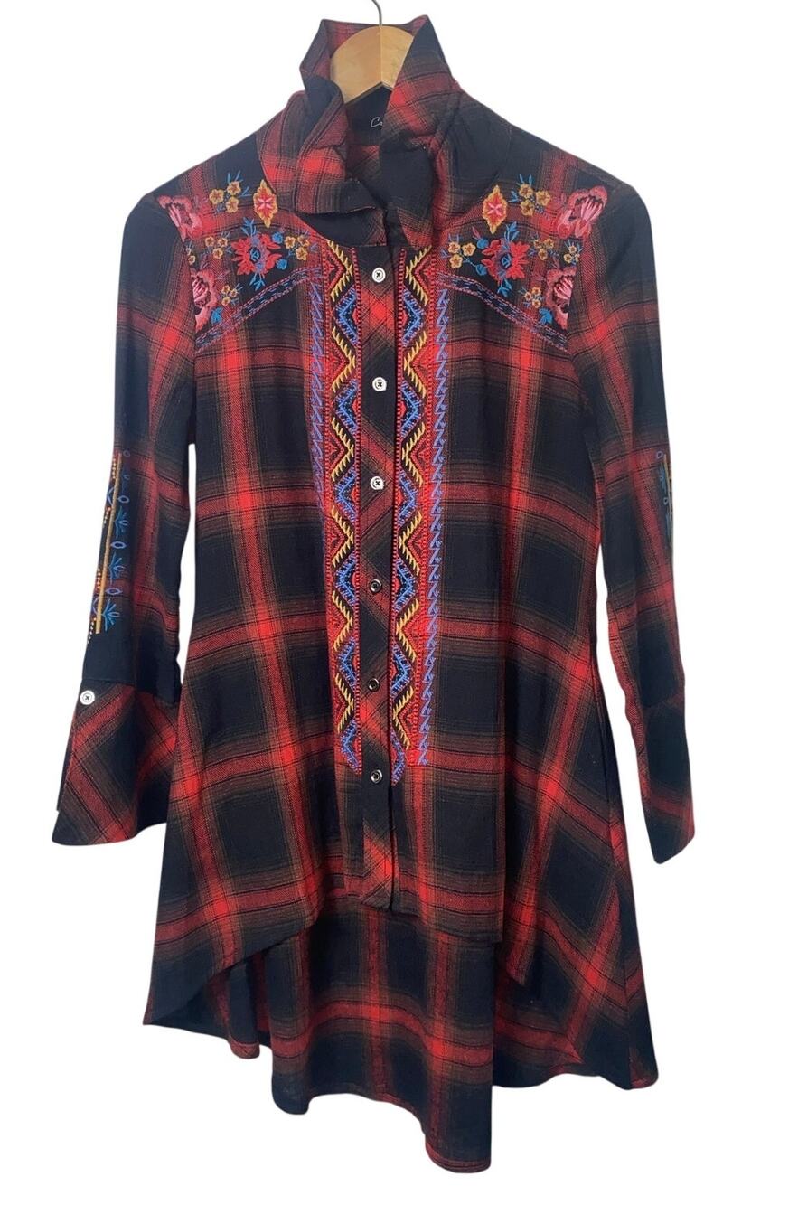 Caleoas Plaid Embroidered Boho Western Hi Low Cowgirl Tunic Women's Size Small